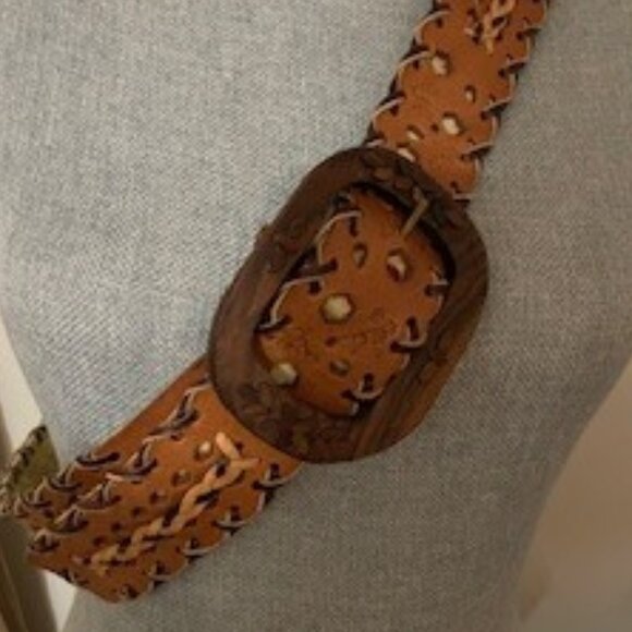 Vintage High Quality Argentine braided leather belt with wood flowered buckle - Picture 2 of 6